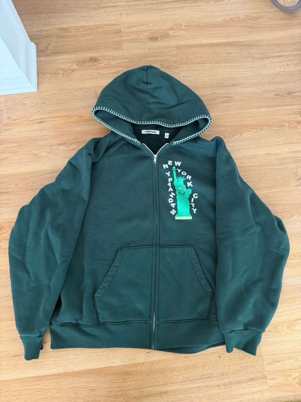 Madhappy Dark Green Zip-Up Hoodie with Green Statue Graphic